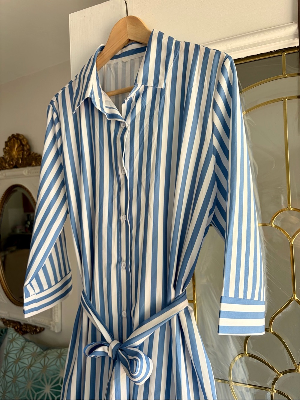 Striped Blue and White Tie-Waist Shirt Dress - Picture 4 of 10